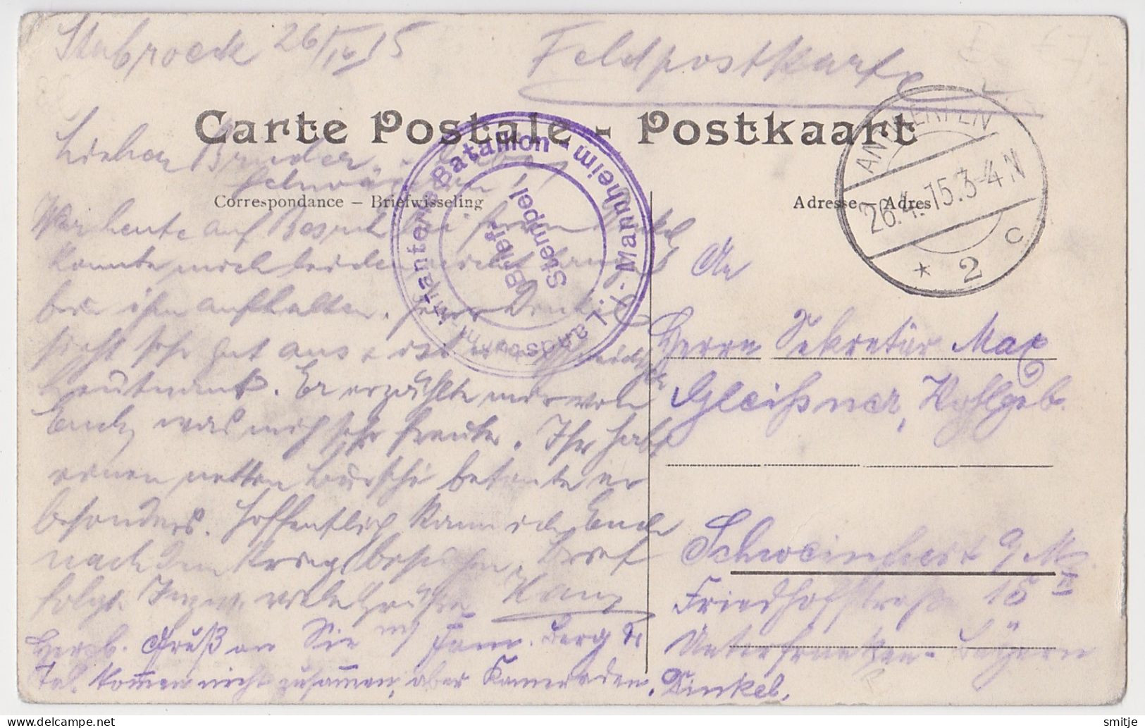 STABROEK 1915 FELDPOST - HET FORT MET MILITAIREN KLEINE ANIMATIE - HOELEN KAPELLEN 3698 - LANDSTURM BATAILLON MANNHEIM - Stabrök