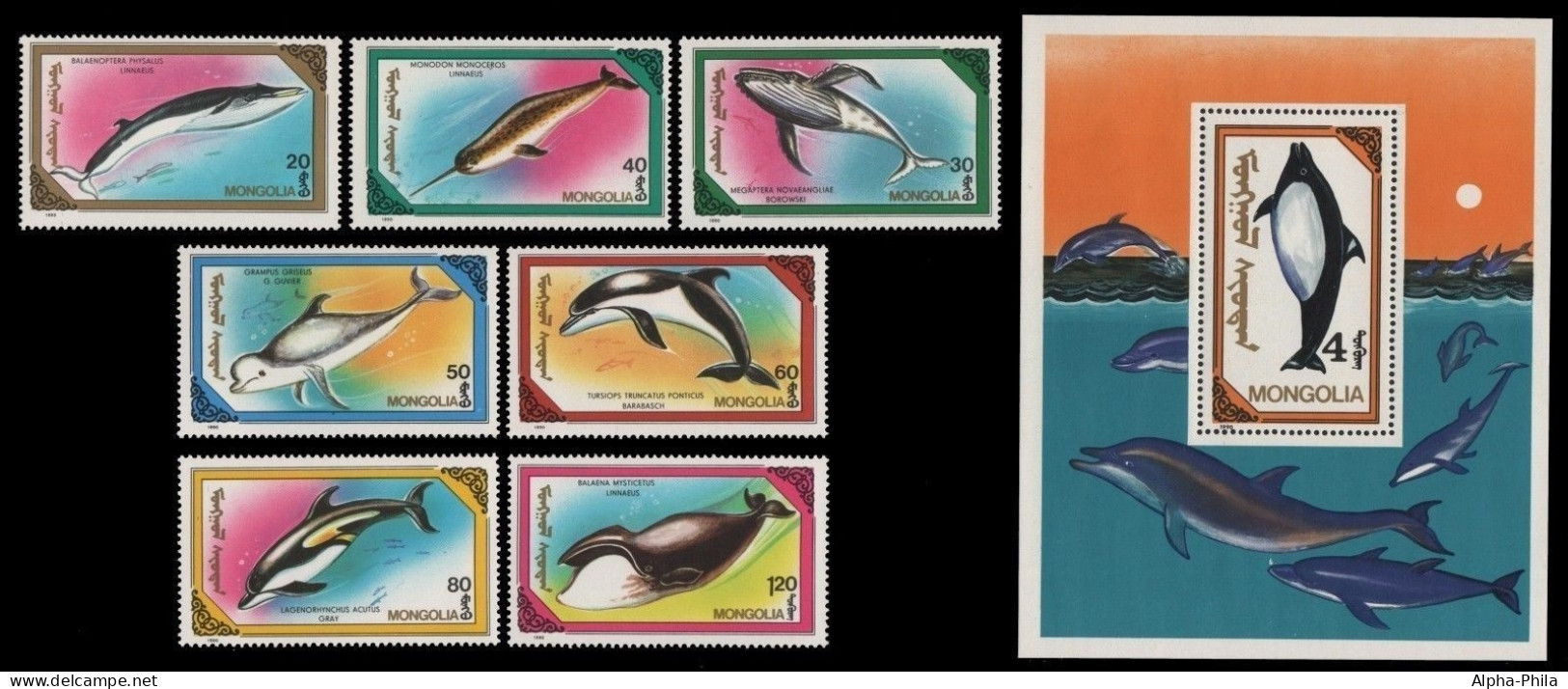 Mongolei 1990 - Mi-Nr. 2141-2147 & Block 150 ** - MNH - Wale / Whales - Mongolie