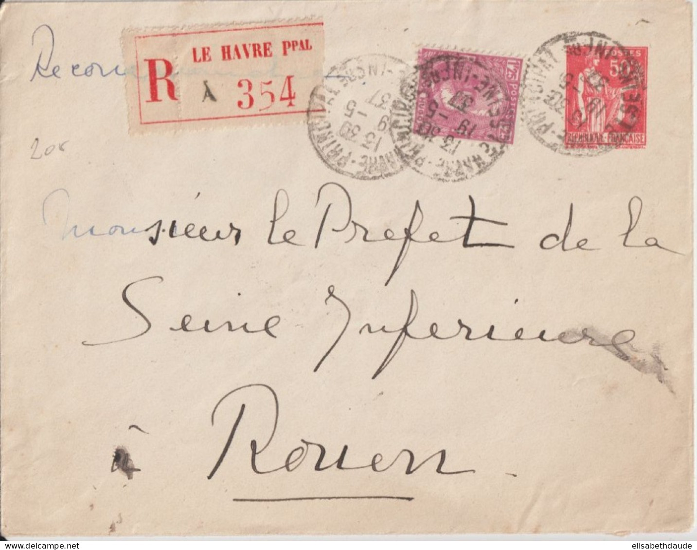 1937 - ENV. ENTIER PAIX RECOMMANDEE ! De HAVRE => ROUEN - Enveloppes Types Et TSC (avant 1995)