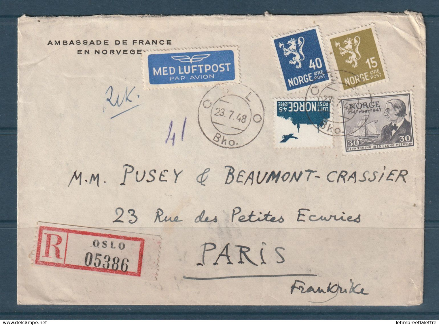 Norvège - Lettre De L'ambassade En Recommandé Pour Paris En 1948 Par Avion - Storia Postale