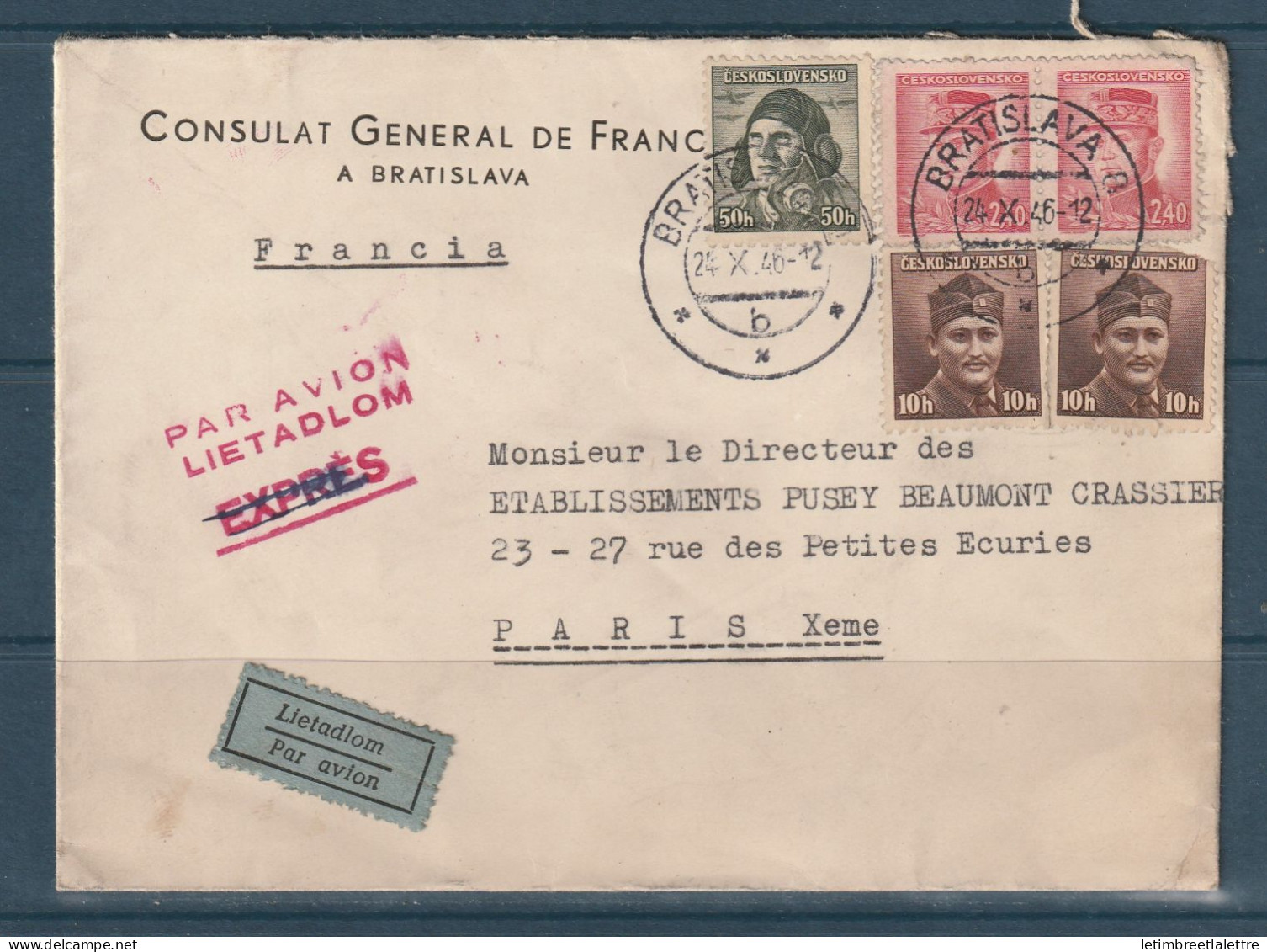 Tchécoslovaquie - Lettre Du Consulat Par Avion De Bratislava Pour Paris - 1946 - Brieven En Documenten
