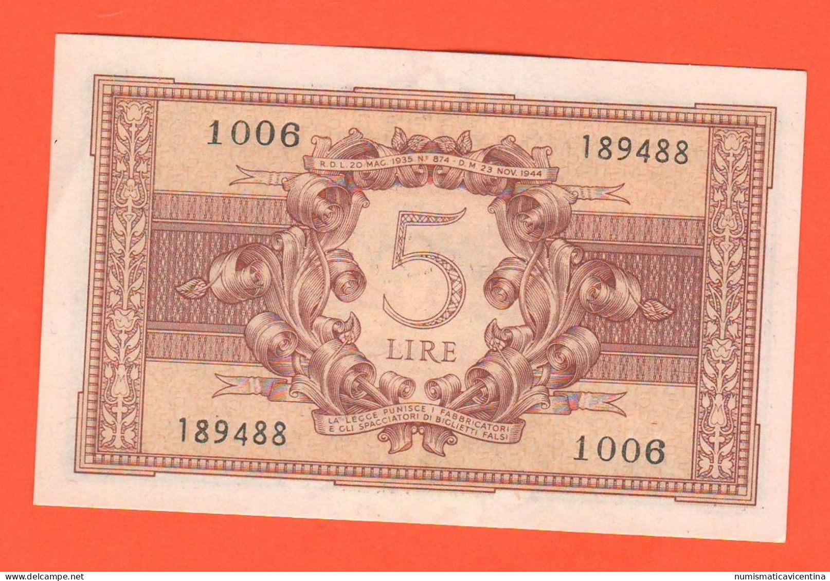 Italia Banconota Da 5 Lire 1944 Luogotenenza Italia Laureata Italie Italy - [ 4] Emissioni Provvisorie