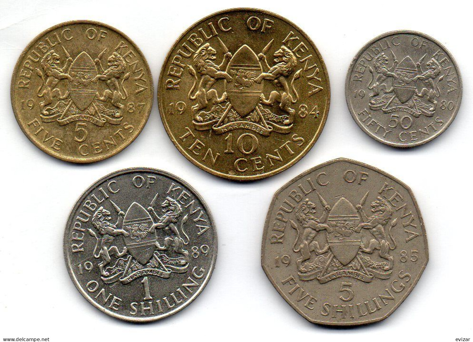KENYA - Set Of Five Coins 5, 10, 20 Cents, 1, 5 Shillings, N-Brass, Copper-Nickel, Year 1980-89, KM # 17, 18, 19, 20, 23 - Kenia