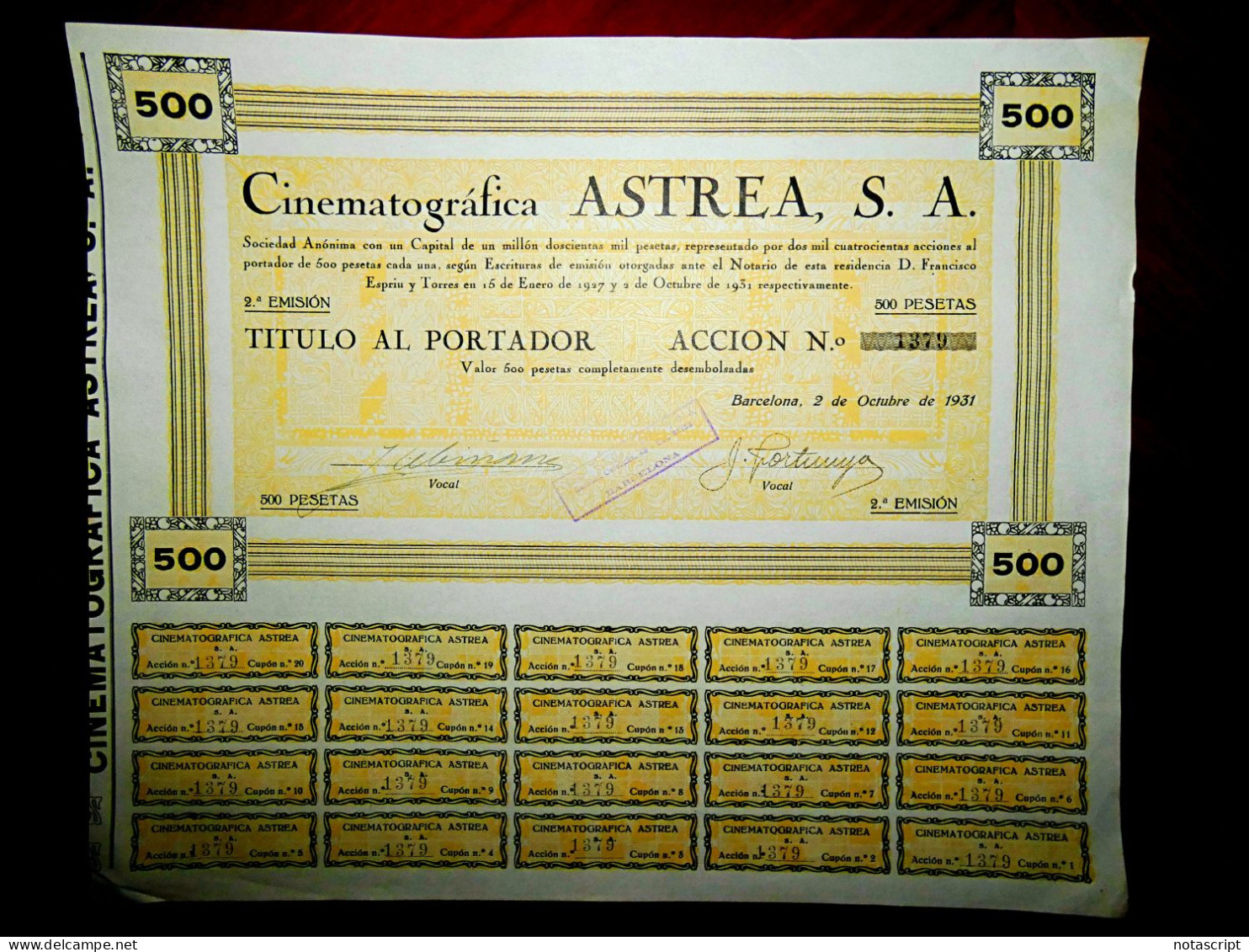 "Cinematográfica Astrea SA " Barcelona 1931 Share Certificate - Cinéma & Theatre