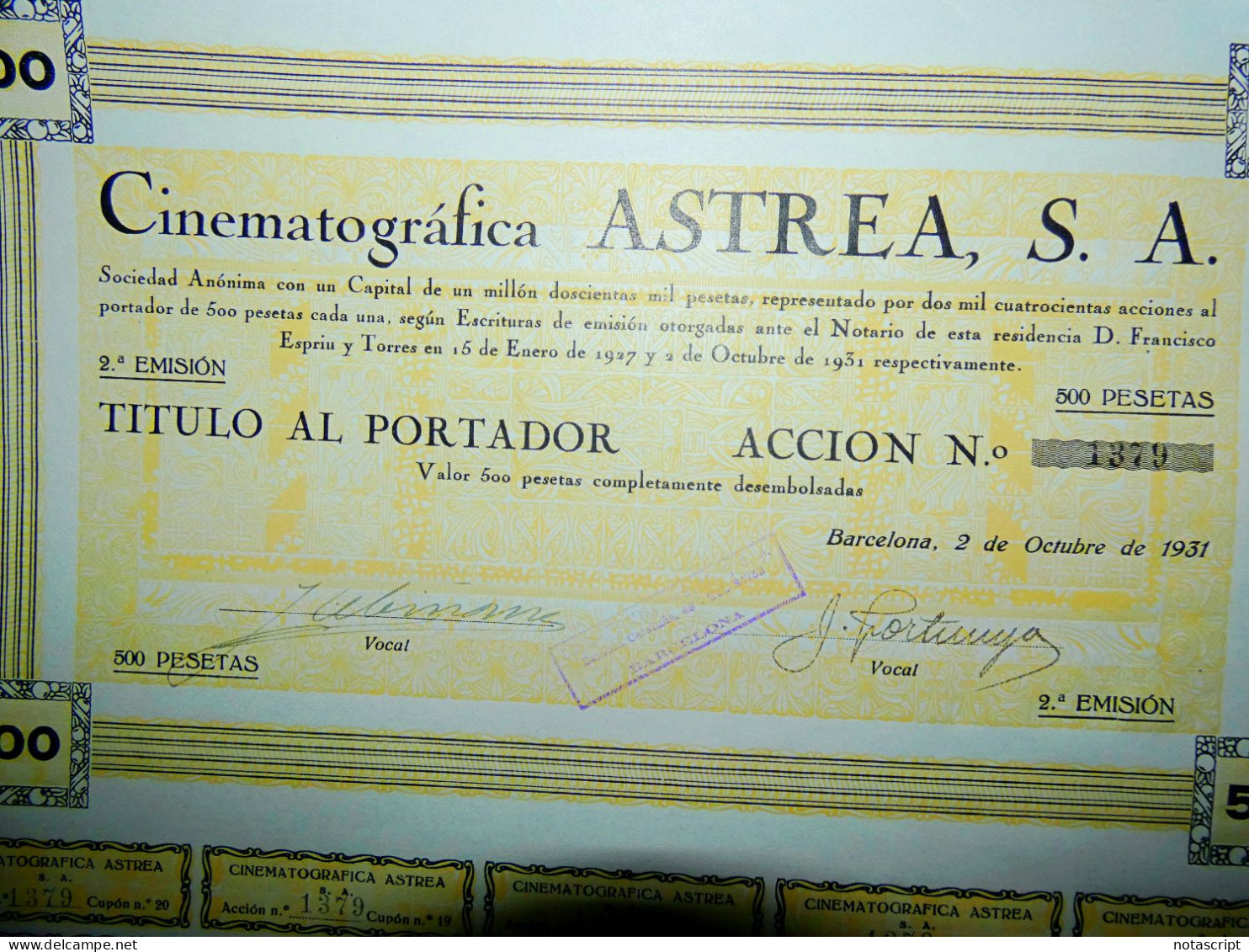 "Cinematográfica Astrea SA " Barcelona 1931 Share Certificate - Kino & Theater
