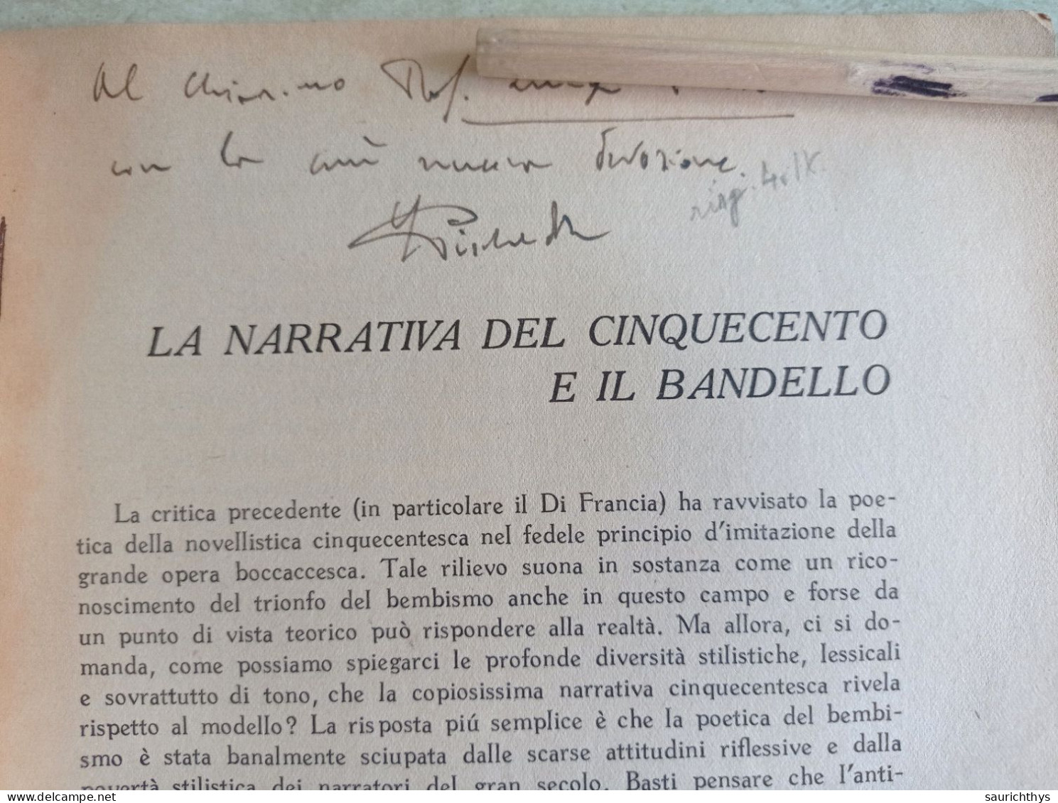 La Narrativa Del Cinquecento E Il Bandello Autografo Giovanni Pischedda 1950 Estratto Da Convivium - Histoire, Biographie, Philosophie