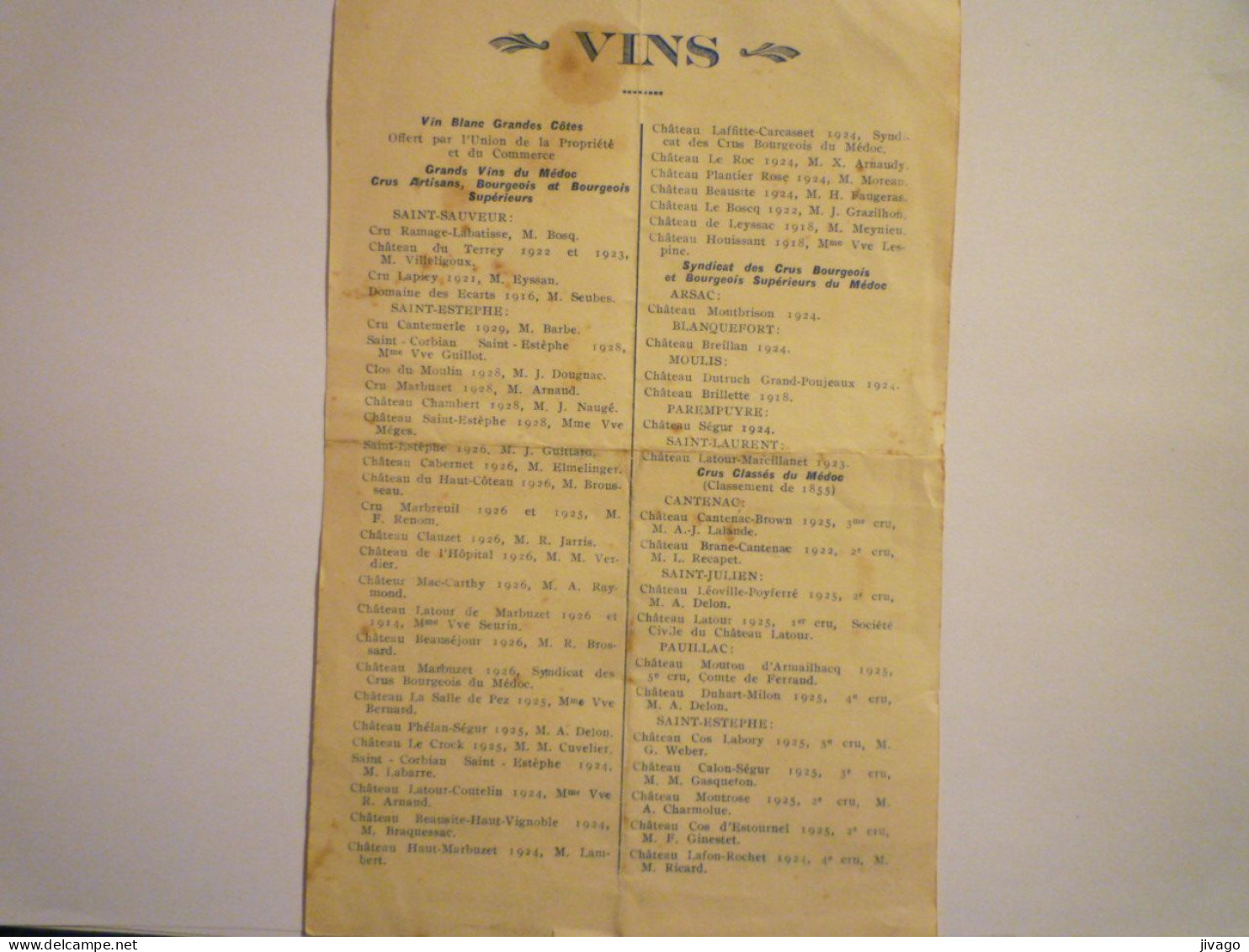 2023 - 2964  MENU - SAINT-ESTEPHE 1932 (Congrès Départemental De L'Union Régionale Des Camarades De Combat Du Sud-Ouest) - Menus