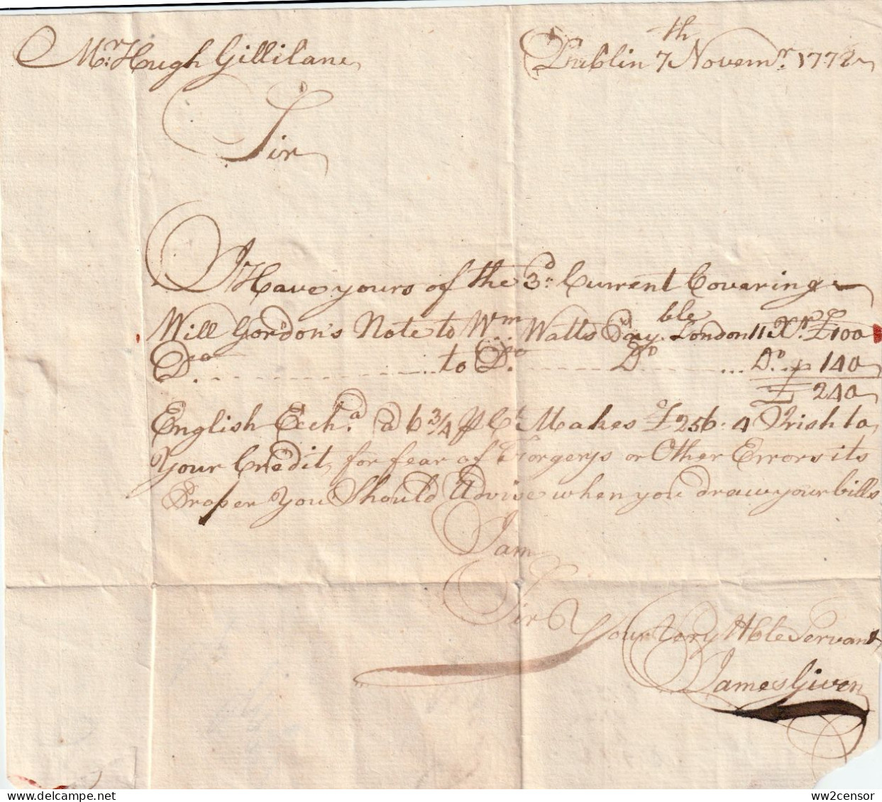 Ireland-Irlande-Irlande - 1772 Scarce FREE D In Circle Dublin To Ballymena - Signed Dawson - Vorphilatelie