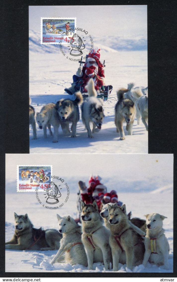 GREENLAND (1997) Carte S Maximum Card S - Christmas, Santa Claus Sled Pulled By Huskies, Dogs, Chiens, Père Noël - Maximum Cards