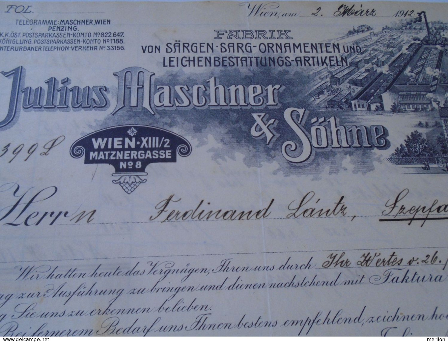 ZA470.33  Old Invoice Austria Julius Maschner  WIEN  1912  - Nandor LANTZ Temesszépfalu Banat - Oostenrijk