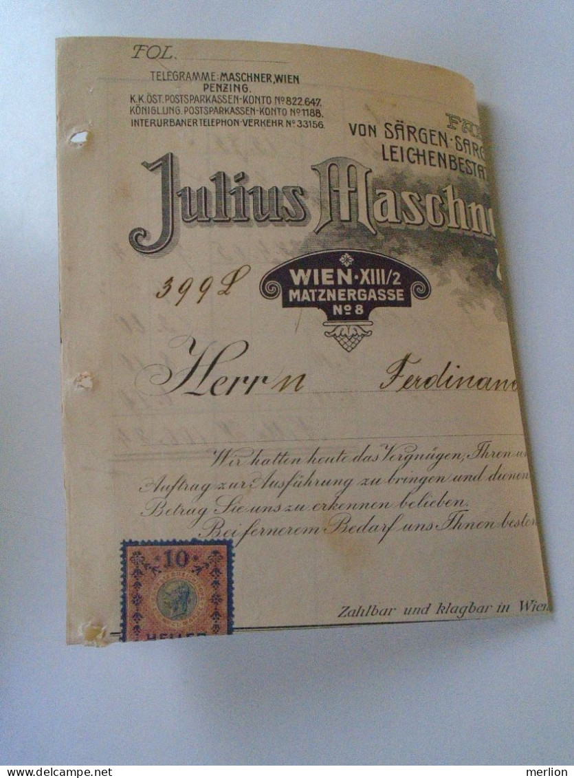 ZA470.33  Old Invoice Austria Julius Maschner  WIEN  1912  - Nandor LANTZ Temesszépfalu Banat - Autriche