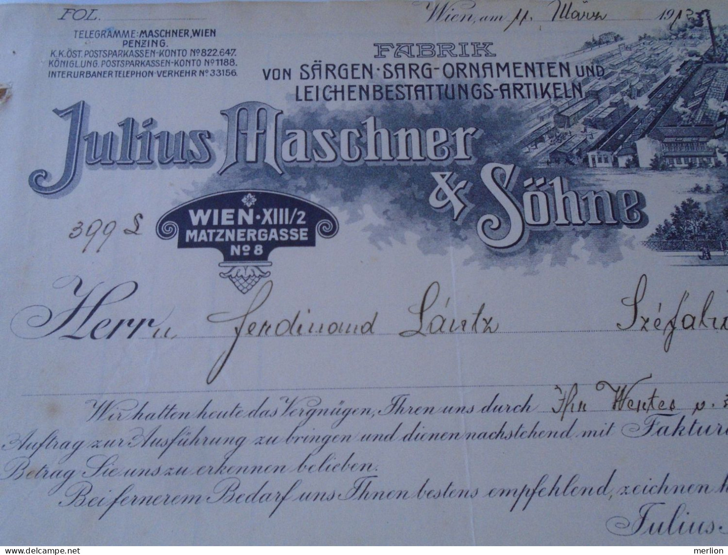 ZA470.34  Old Invoice Austria Julius Maschner  WIEN  1912  - Nandor LANTZ Temesszépfalu Banat - Österreich