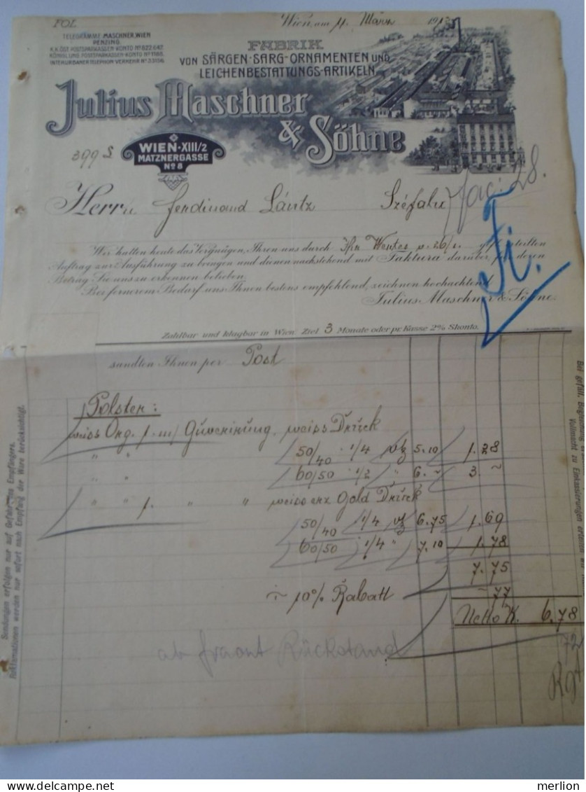 ZA470.34  Old Invoice Austria Julius Maschner  WIEN  1912  - Nandor LANTZ Temesszépfalu Banat - Österreich