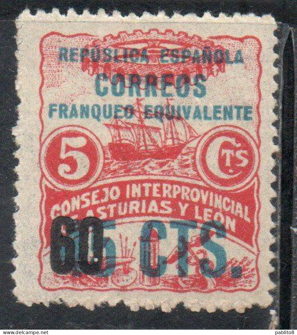 SPAIN ESPAÑA SPAGNA 1937 CORREOS ASTURIAS ASTURIES & LEON SURCHARGED 60c On 5c MNH - Asturië & Leon