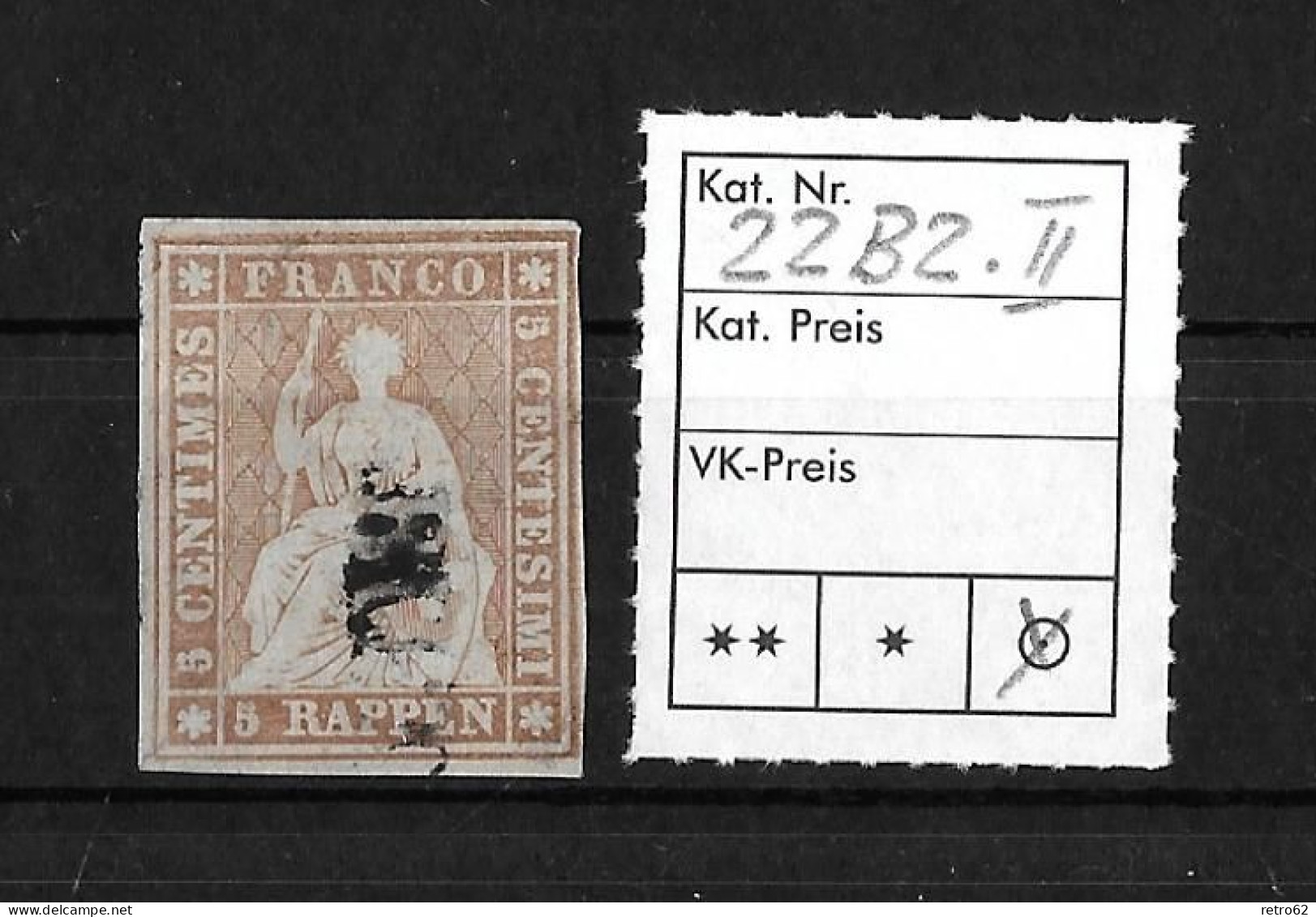 1854-1862 Helvetia (ungezähnt)   Nicht Definierbarer Balkenstempel     ►SBK-22B2.II / CHF 150.- Weissrandiger Schnitt◄ - Gebraucht