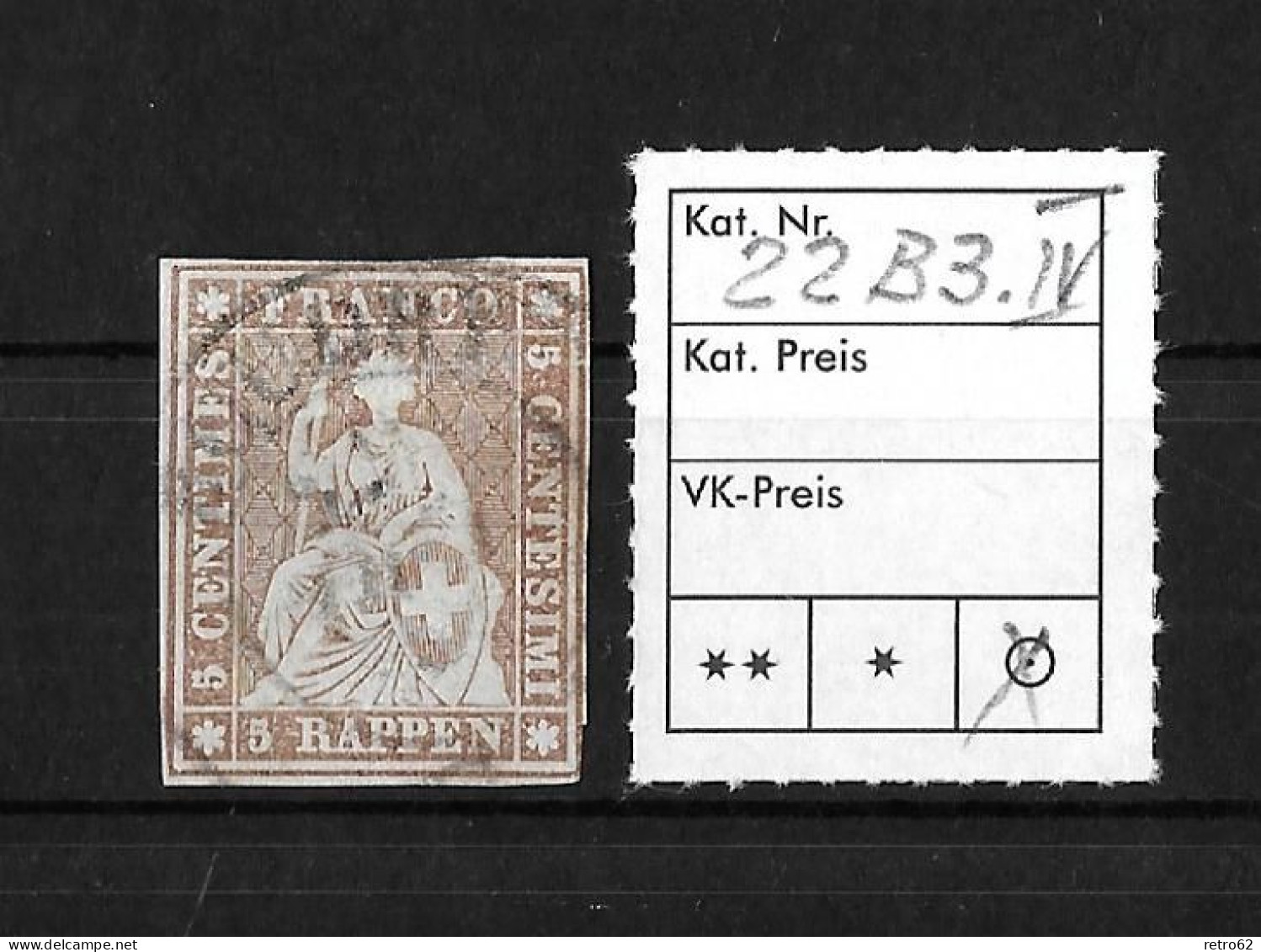 1854-1862 Helvetia (ungezähnt)   Zweikreis-Rundstempel    ►SBK-22B3.IV / CHF 50.- Meist Weissrandiger Schnitt◄ - Gebraucht