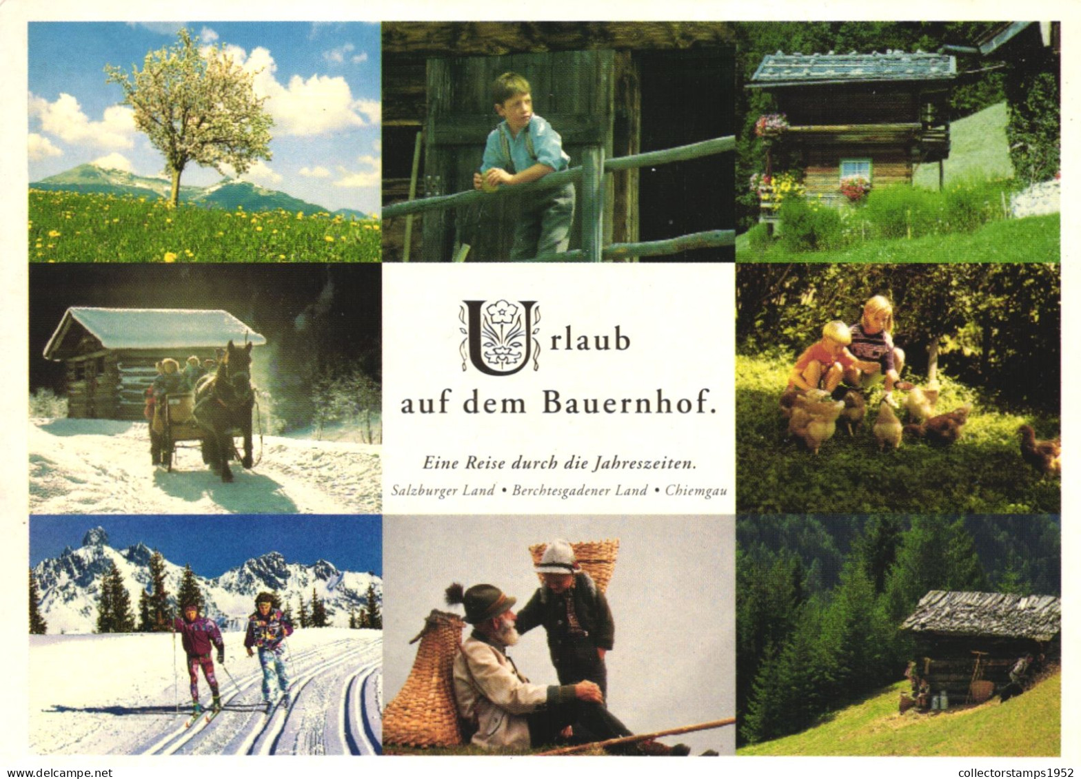 CHIEMGAU, MULTIPLE VIEWS, FIELD WITH BLOOMINGF TREE, LUGE WITH HORSE, ARCHITECTURE, SKIERS, CHILDREN, BASKET, GERMANY - Chiemgauer Alpen