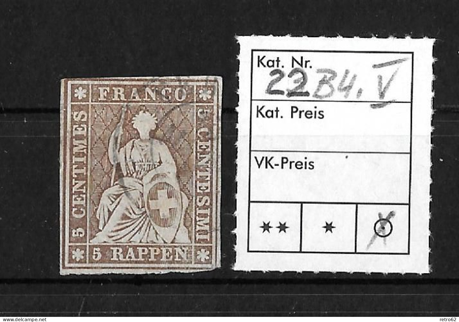 1854-1862 Helvetia (ungezähnt)   Zweikreis-Rundstempel    ►SBK-22B4.V / CHF 40.- / Guter Schnitt◄ - Gebraucht