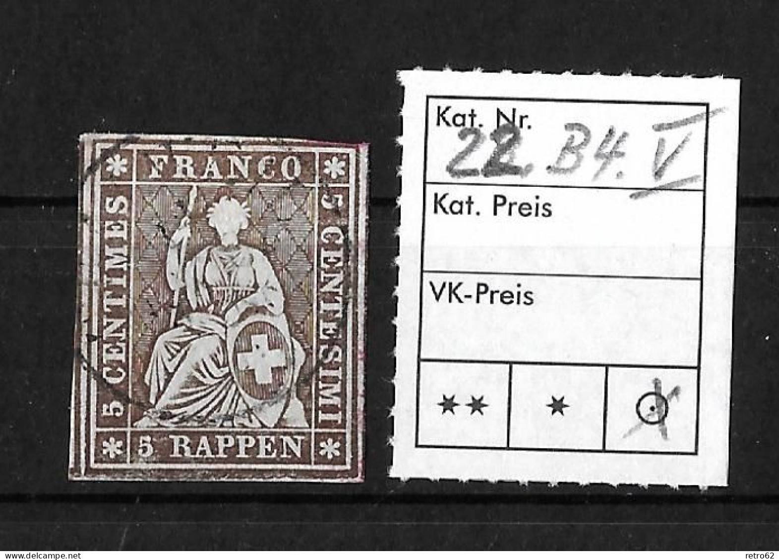 1854-1862 Helvetia (ungezähnt)   Einkreis-Rundstempel    ►SBK-22B4.V / CHF 40.- / Weissrandiger Schnitt Mit Nebenmarke◄ - Gebraucht