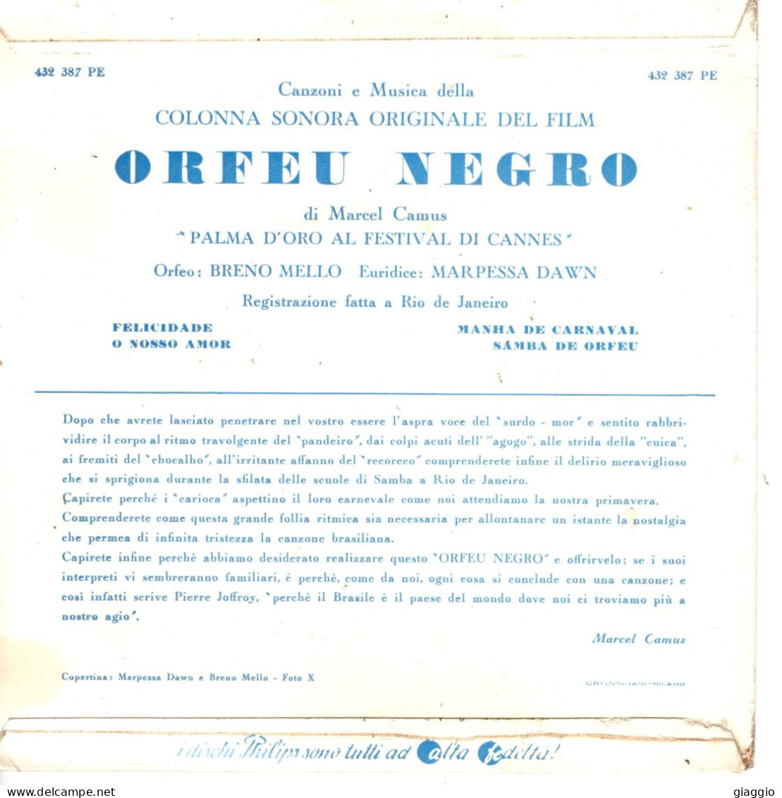 °°° 358) 45 GIRI - DAL FILM ORFEU NEGRO °°° - Musique De Films