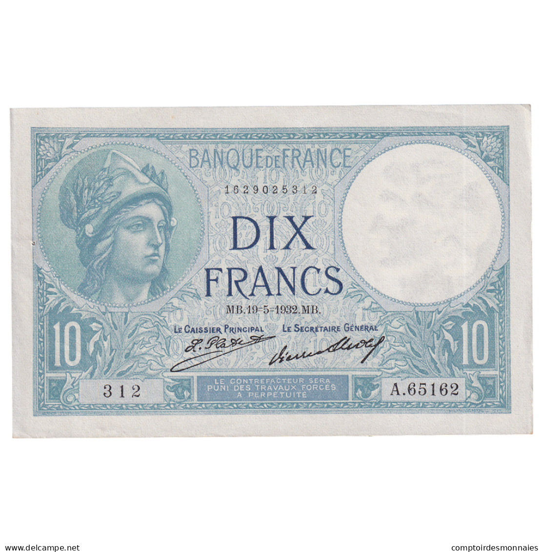 France, 10 Francs, Minerve, 1932, A.65162, SUP+, Fayette:6.16, KM:73d - 10 F 1916-1942 ''Minerve''