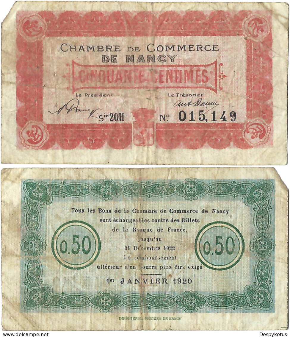 France - BILLET - Chambre De Commerce De NANCY - 50 Centimes - 1920 - JP.087.38 - 16-216 - Notgeld