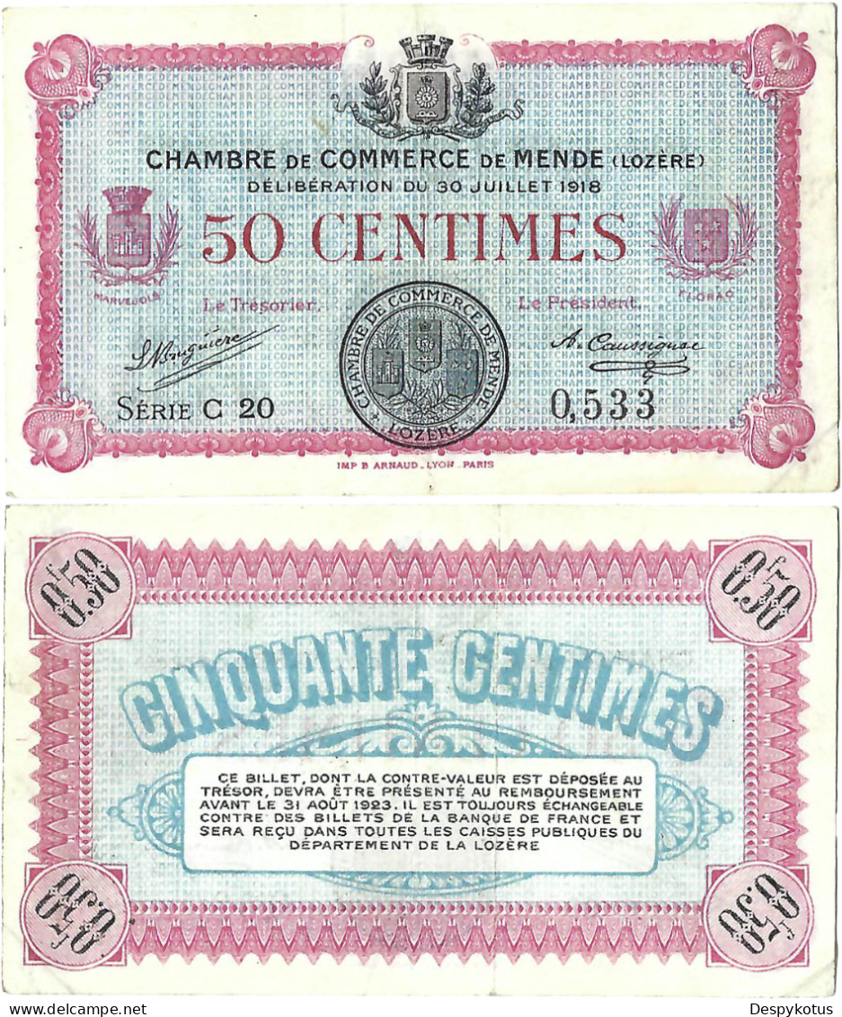 France - BILLET - Chambre De Commerce De MENDE - 50 Centimes - 1918 - JP.081.05 - 16-215 - Notgeld