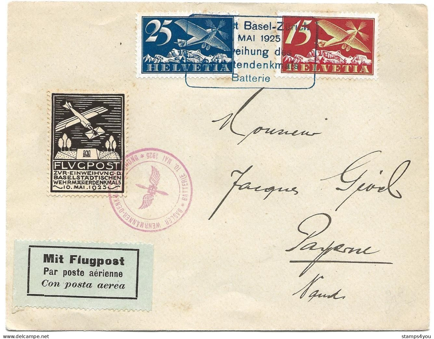 87 - 98 - Enveloppe Avec Vignette Et Oblit Spéciale "Flugpost Basel-Zürich 1925" - Sonstige & Ohne Zuordnung