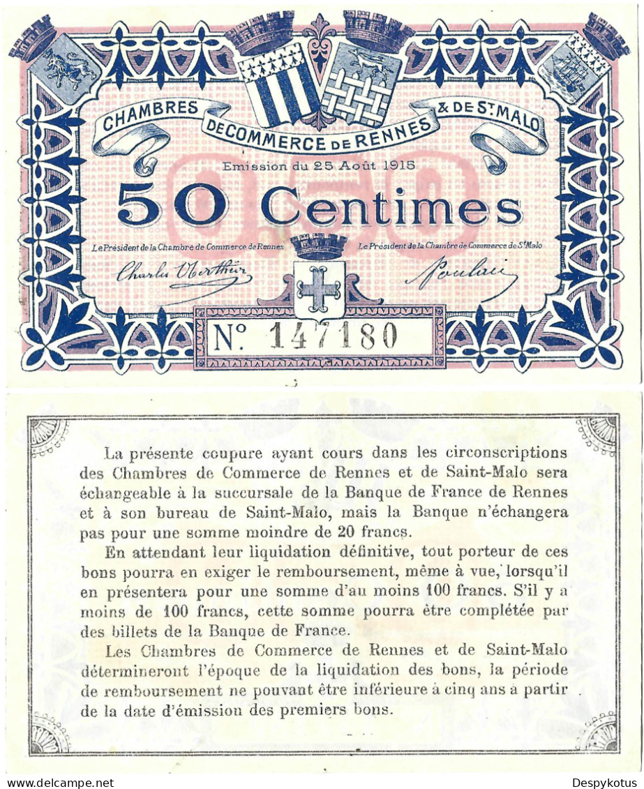 France - BILLET - Chambre De Commerce De RENNES ET ST MALO - 50 Centimes - 1915 - JP.105.01 - 16-214 - Bonds & Basic Needs