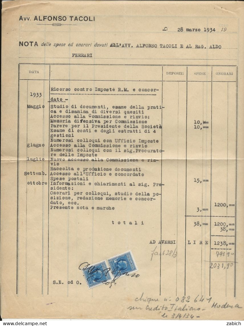 FISCAUX ITALIE  2  TIMBRES 150 LIRES BLEU Sur Facture Du 28 Mars 1934 - Unclassified