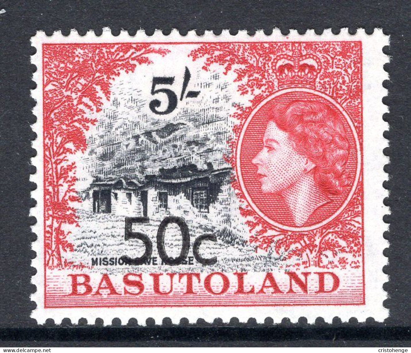 Basutoland 1961 Decimal Surcharges - 50c On 5/- Mission Cave House - Type II - HM (SG 67a) - 1933-1964 Colonia Británica