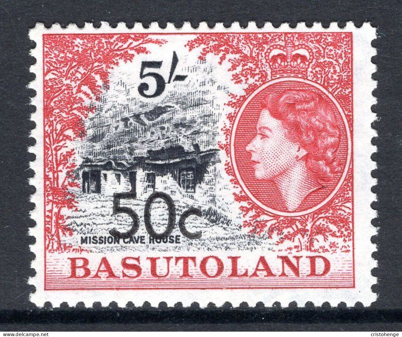 Basutoland 1961 Decimal Surcharges - 50c On 5/- Mission Cave House - Type II - HM (SG 67a) - 1933-1964 Colonia Británica