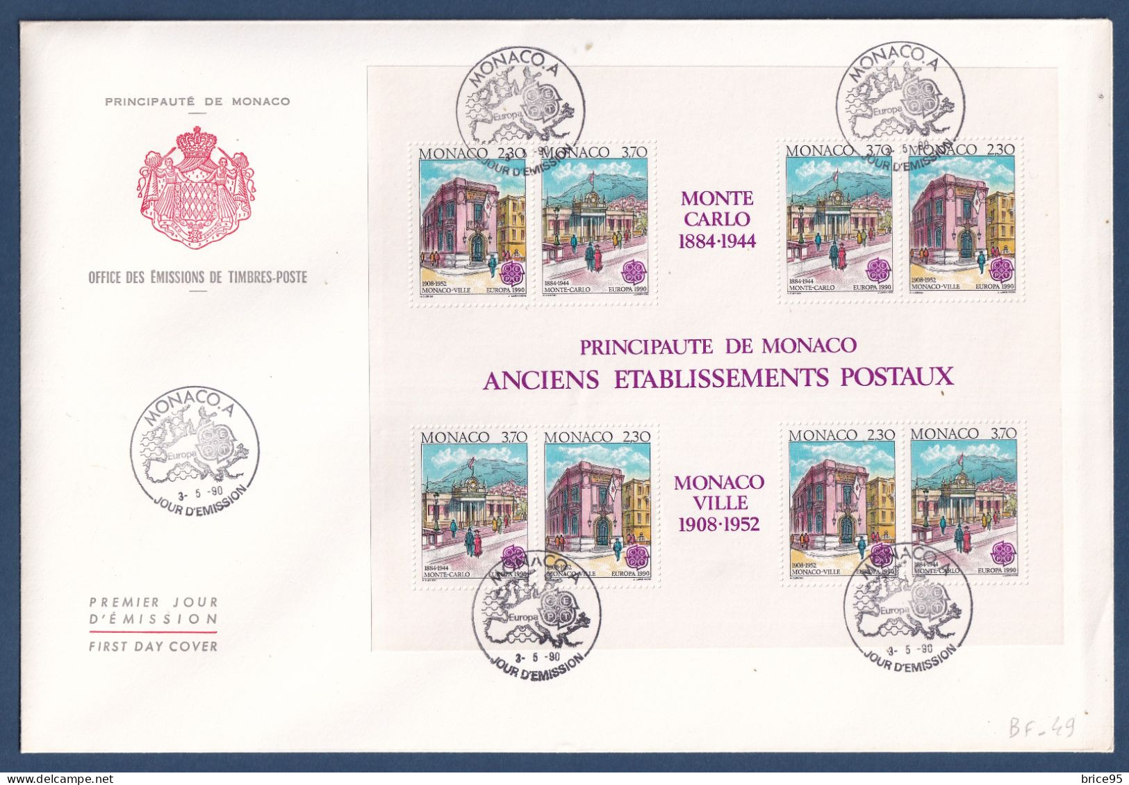 Monaco - YT Bloc N° 49 - FDC - Premier Jour - Grand Format - Anciens établissements Postaux - 1990 - FDC