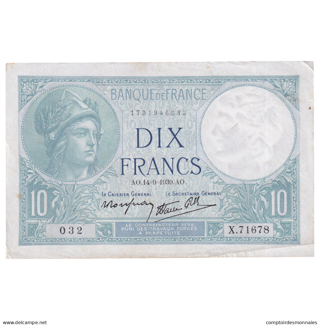 France, 10 Francs, Minerve, 1939, X.71678, SUP+, Fayette:7.7, KM:84 - 10 F 1916-1942 ''Minerve''