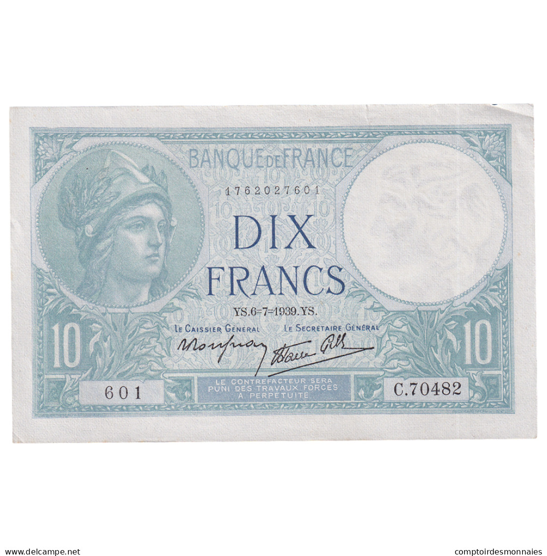 France, 10 Francs, Minerve, 1939, C.70482, SPL, Fayette:7.4, KM:84 - 10 F 1916-1942 ''Minerve''