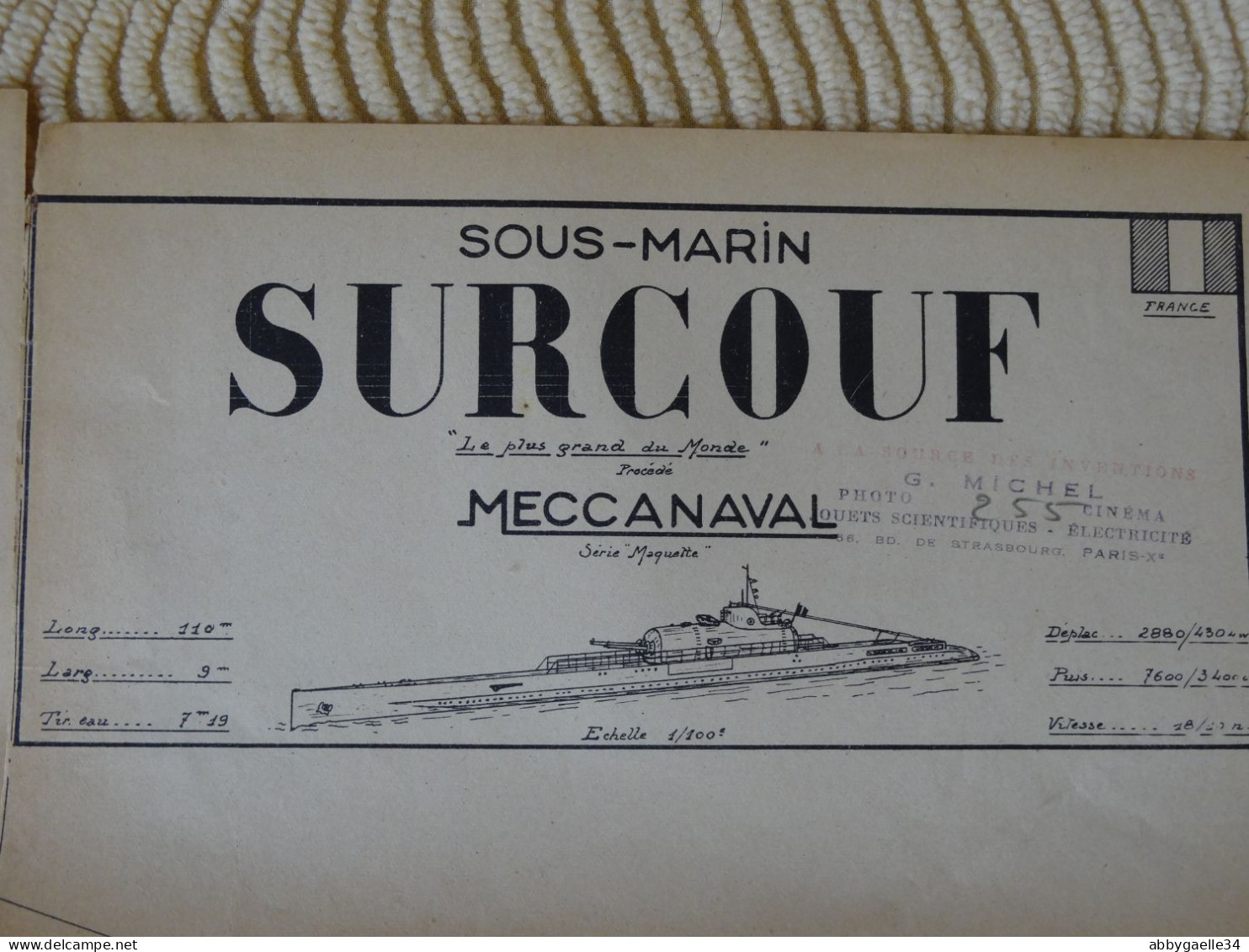 Plan du Sous-marin SURCOUF Meccanaval "série Maquette" complet 2 feuilles échelle 1/100e