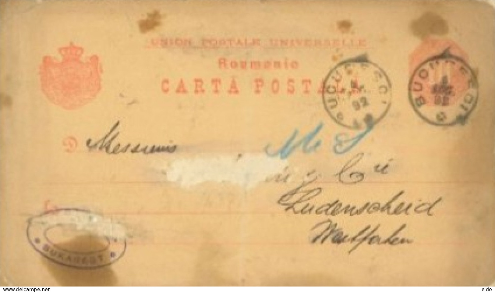 ROMANIA - 1892,  SEALED POSTCARD FROM BUKAREST TO NESLFAHEN. - Covers & Documents