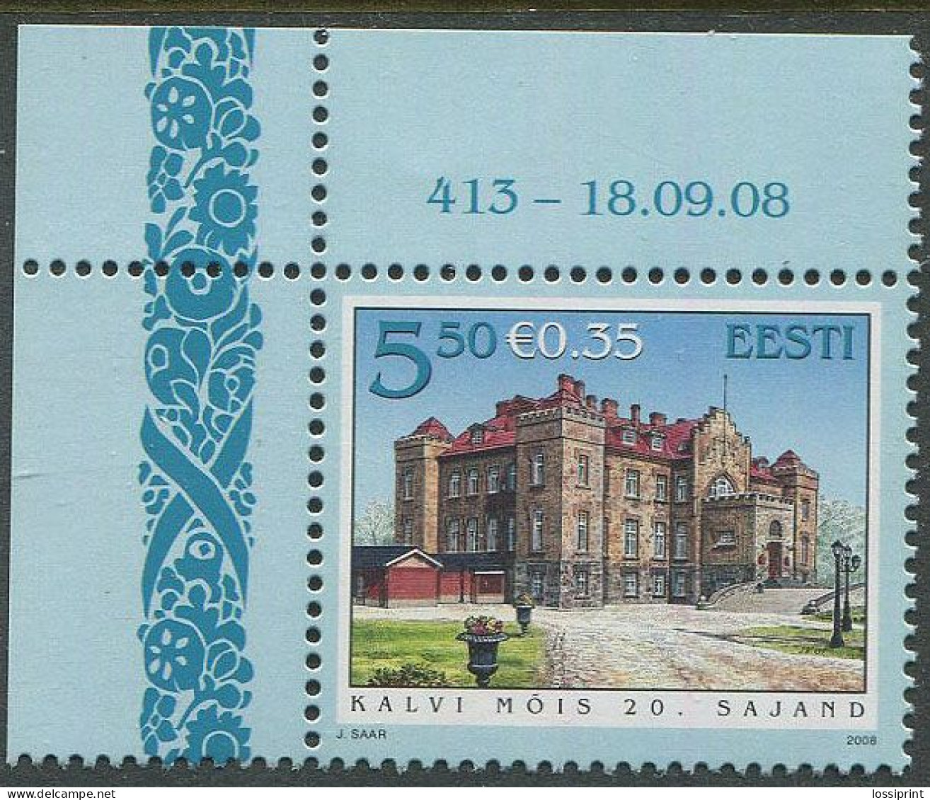 Estonia:Unused Stamp Kalvi Manor, Corner!, 2008, MNH - Estonie