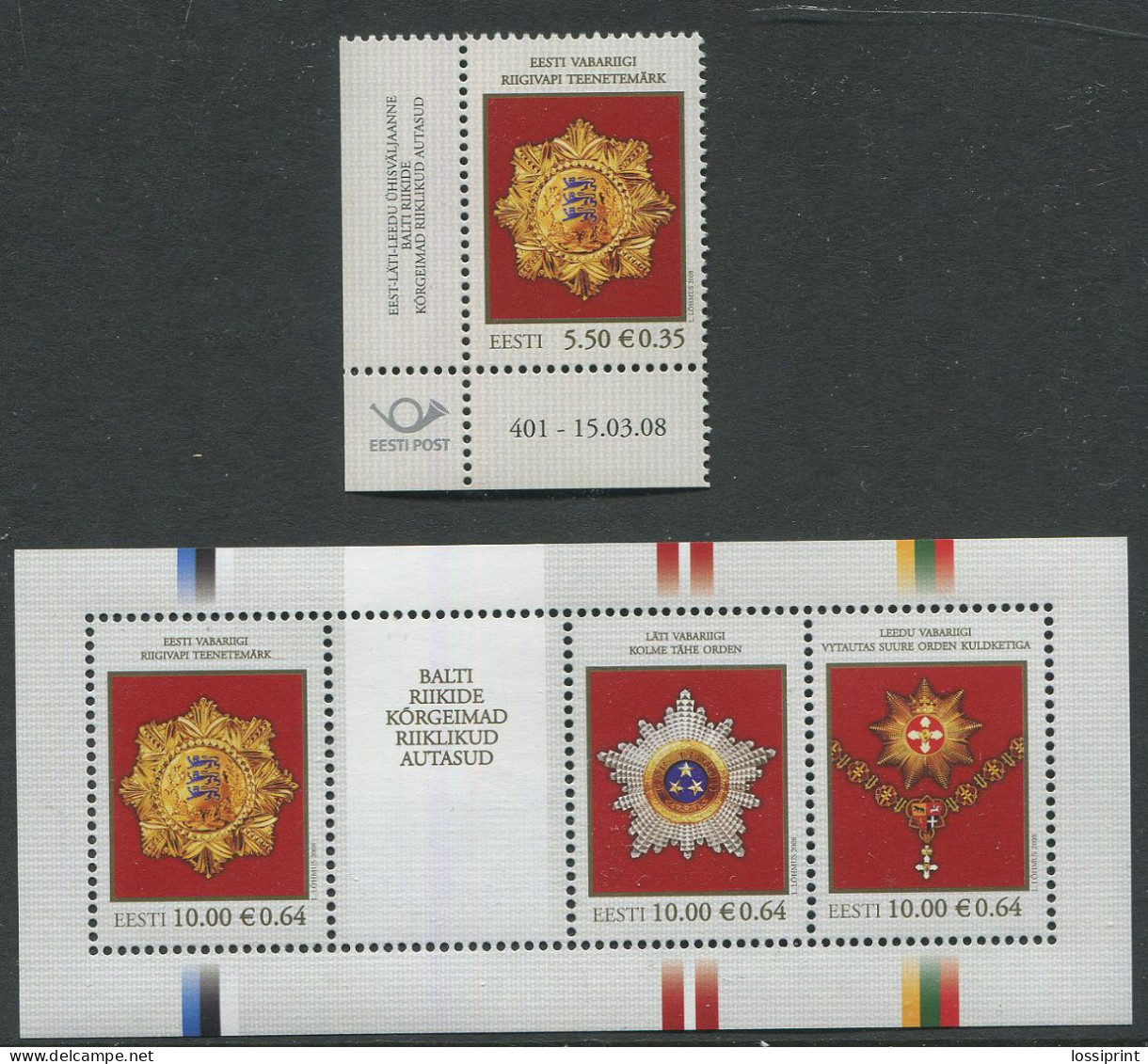Estonia:Unused Stamp And Block Baltic States Orders, Joint Issue, Corner!, 2008, MNH - Estonie