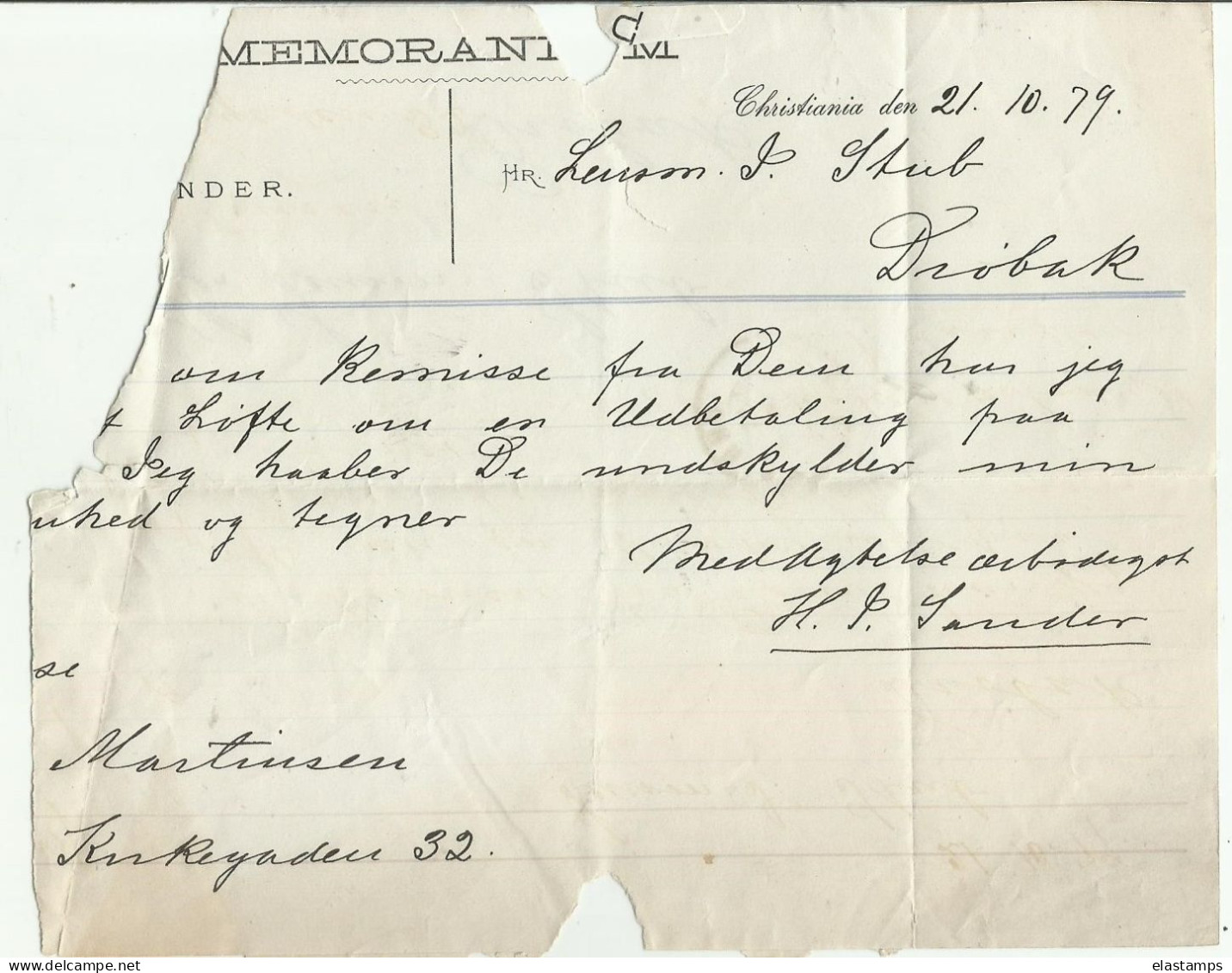 NORGE DOK/CV 1879 CHRISTiANIA - Cartas & Documentos