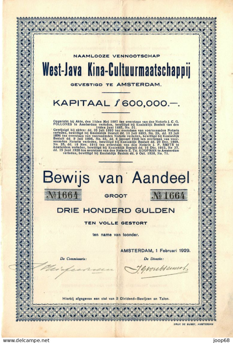 West-Java Kina-Cultuurmaatschappij N.V. - Aandeel F 300 - Amsterdam 1929 Indonesia - Landwirtschaft