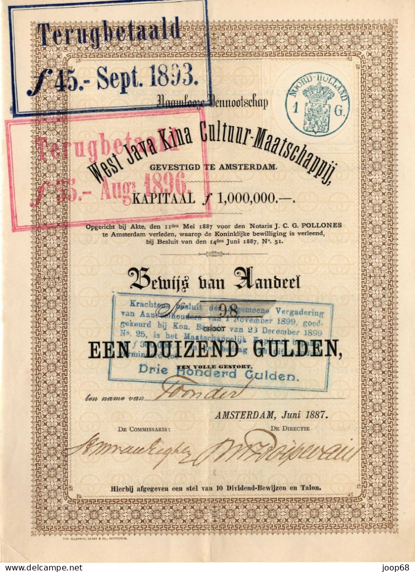 West Java Kina Cultuur-Maatschappij N.V. - Aandeel F 1.000 - Amsterdam 1887 Indonesia - Landwirtschaft