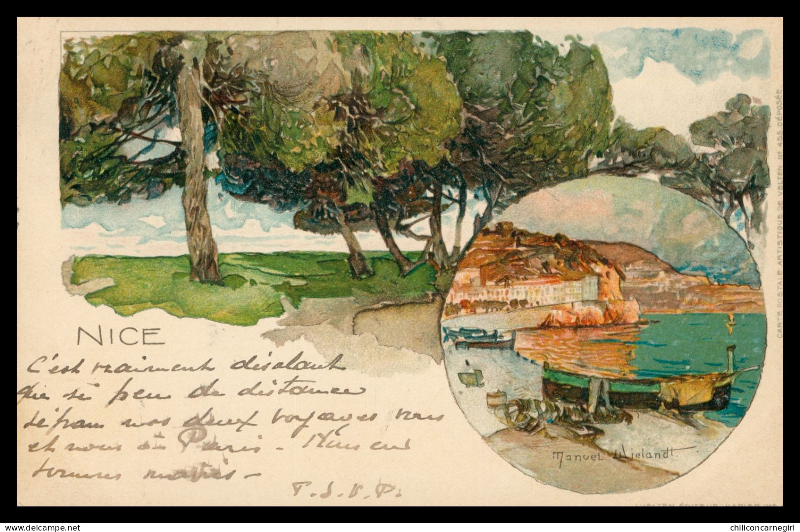 * Litho Signée MANUEL WIELANDT - NICE - Pinède Et Rade - Cp Artistique De VELTEN N° 455 - Lithographie - 1909 - Wielandt, Manuel