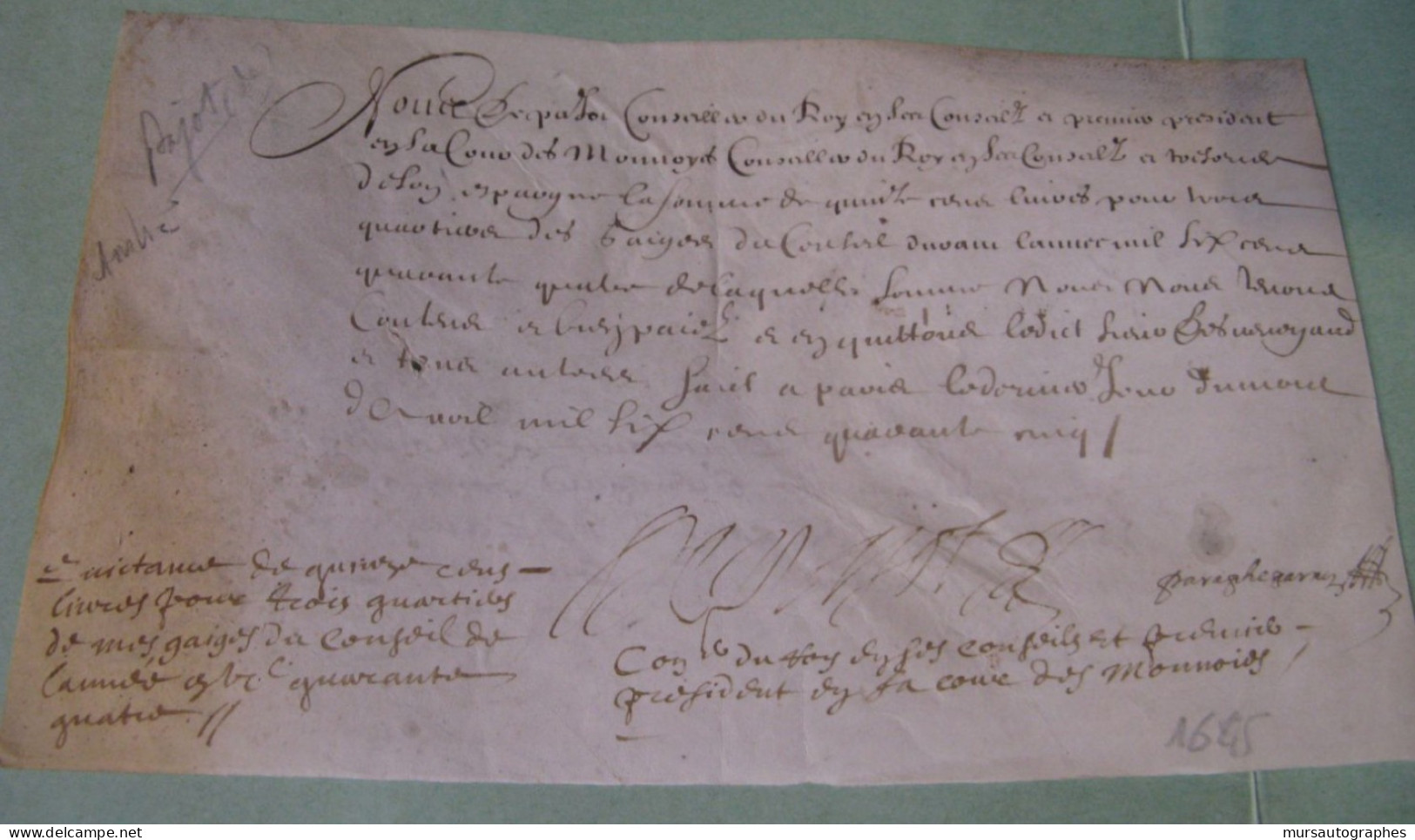 ANDRE DE PAJOT Autographe Signé 1645 PRESIDENT COURS MONNAIES PARIS Parchemin - Historical Figures
