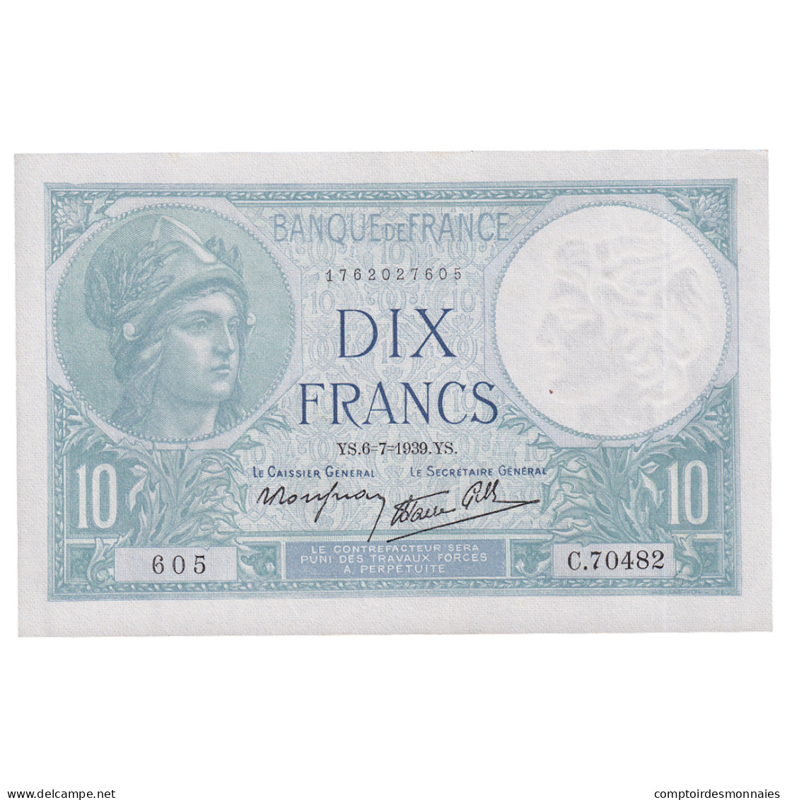 France, 10 Francs, Minerve, 1939, C.70482, SPL+, Fayette:7.4, KM:84 - 10 F 1916-1942 ''Minerve''