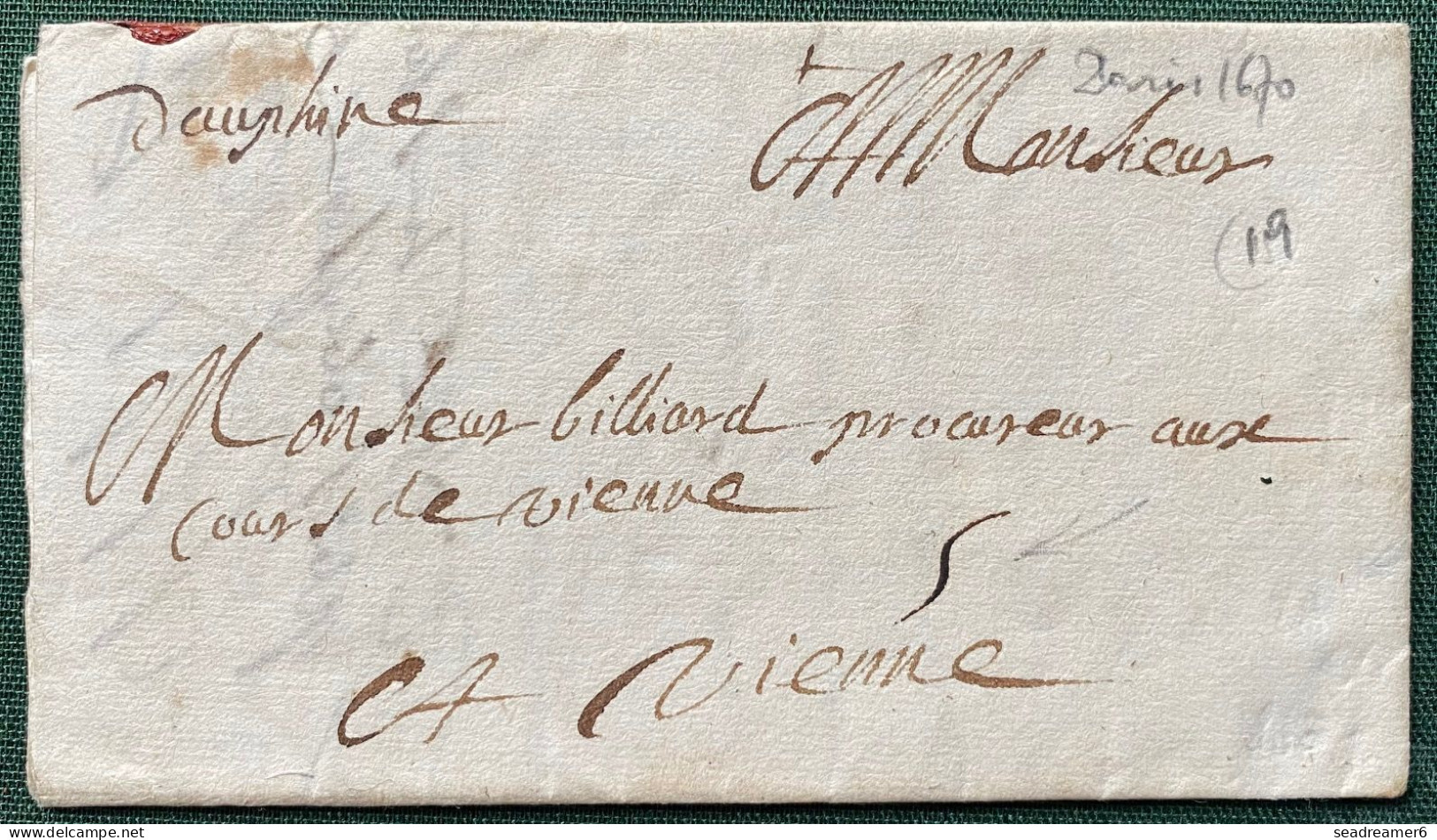 Lettre De PARIS 1er Janvier 1670 Marque Manuscrite " DAUPHINE "(semble Inconnue) Pour VIENNE Fermeture Cachet De Cire RR - ....-1700: Precursori