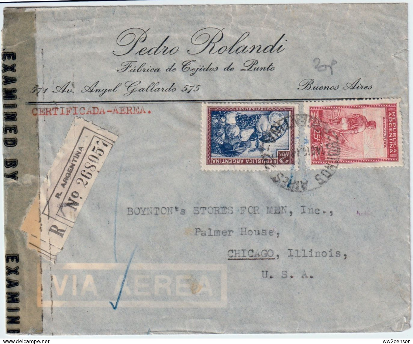 Argentina - 1944 Registered Airmail To Chicago In WWII By FAM-6 - Poste Aérienne