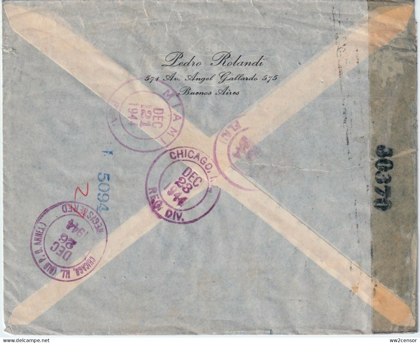 Argentina - 1944 Registered Airmail To Chicago In WWII By FAM-6 - Poste Aérienne