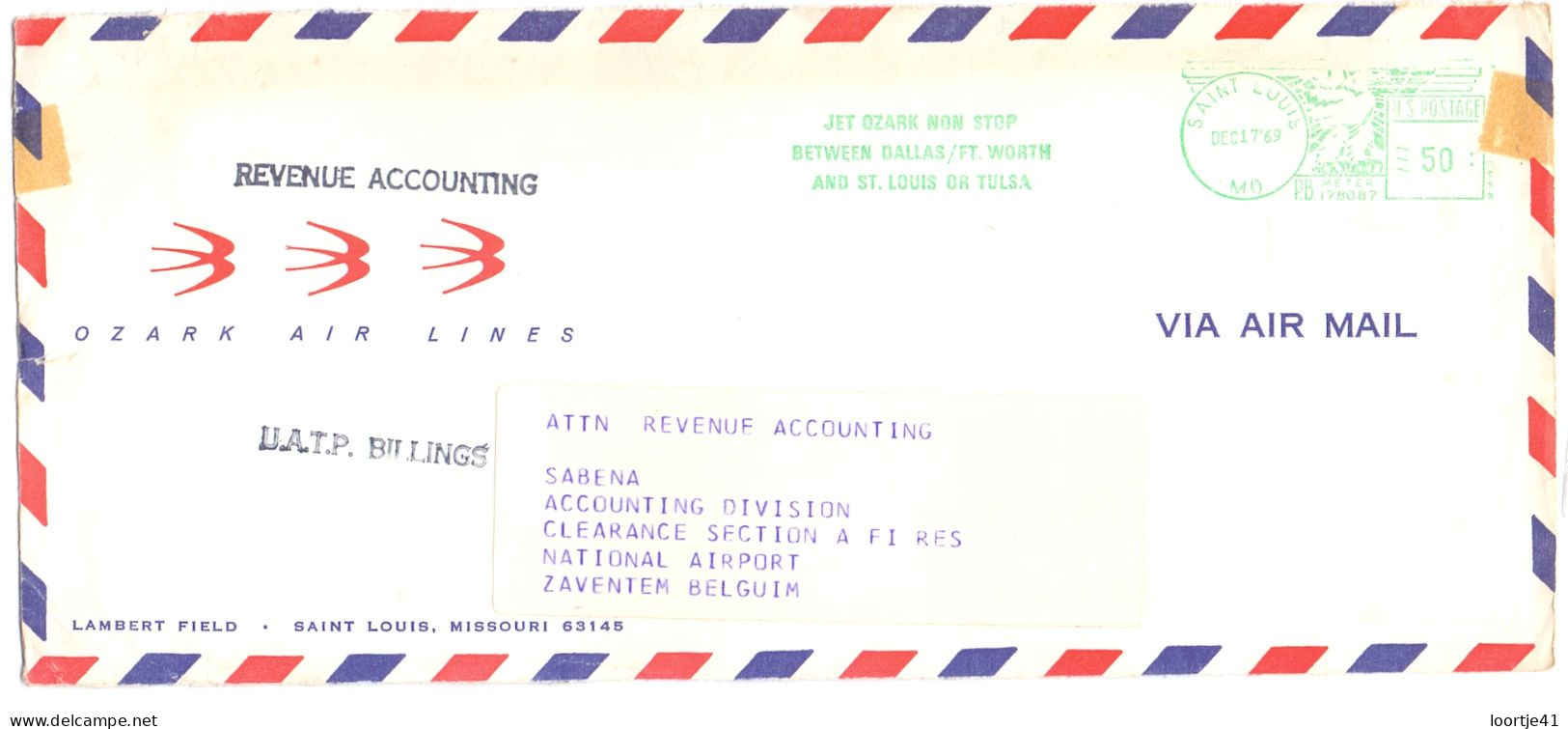 Enveloppe Omslag - Ozark Air Lines - Saint Louis USA à Zaventem - 1969 - 1961-80