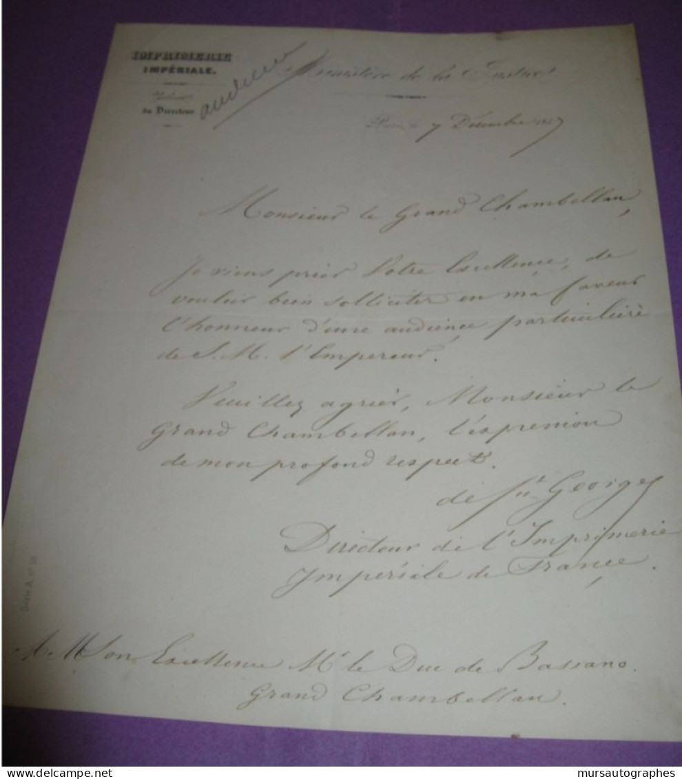 DE ST-GEORGES Autographe Signé 1857 DIRECTEUR IMPRIMERIE IMPERIALE Au DUC BASSANO - Personaggi Storici